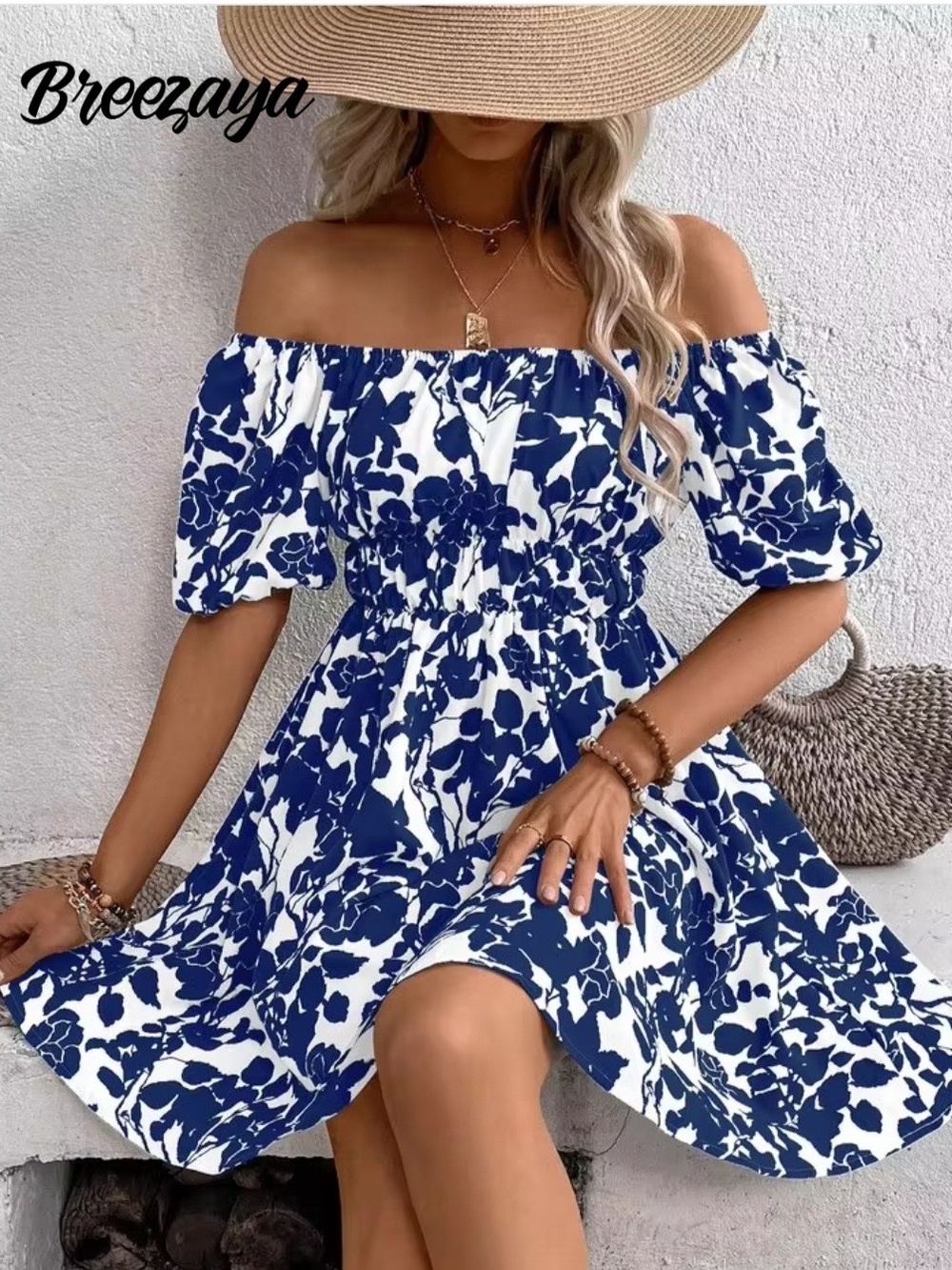 Women's Off-Shoulder Blue Floral Dress